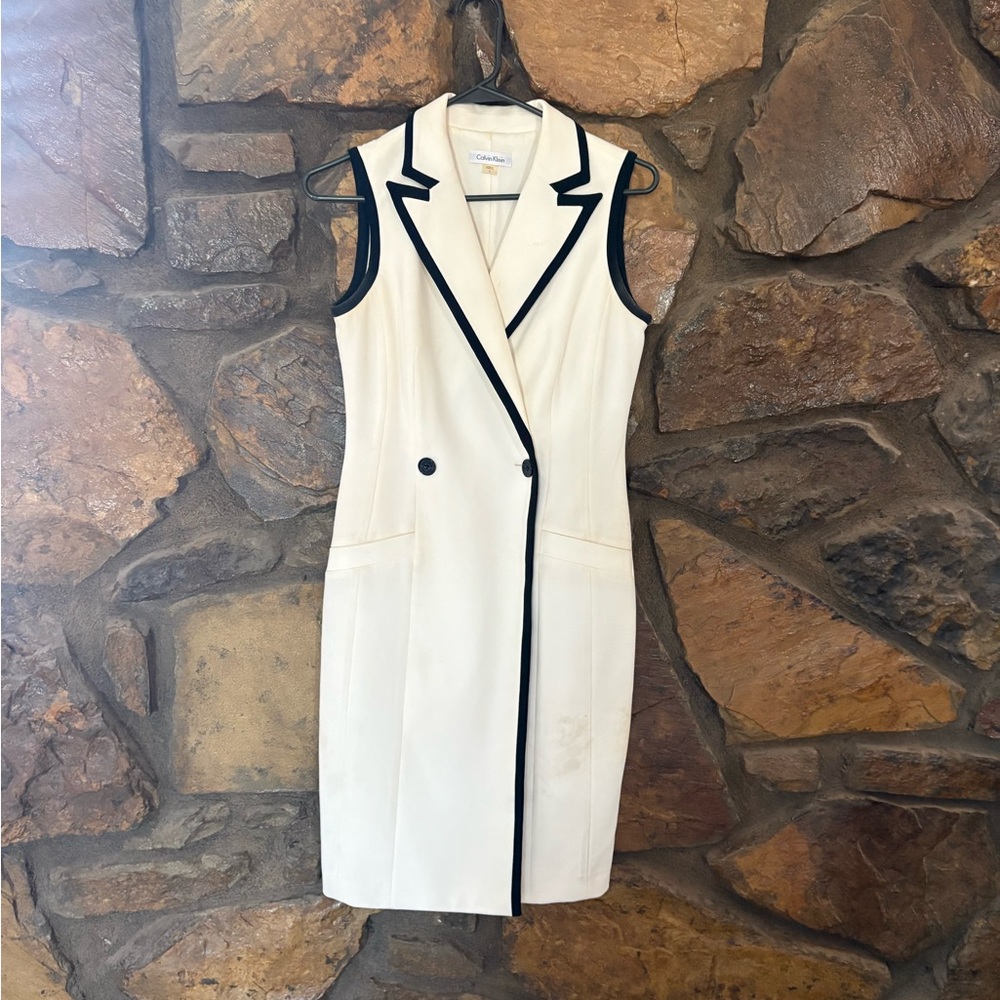 Calvin Klein White Sleeveless Blazer Dress with Black Trim